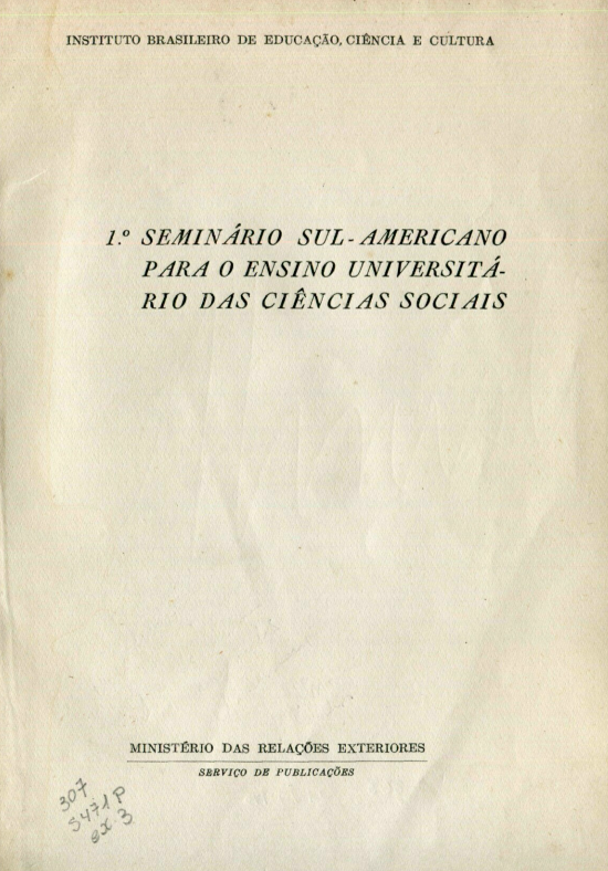 Capa do Livro 1º Seminário Sul-Americano Para o Ensino Universitário das Ciências Sociais