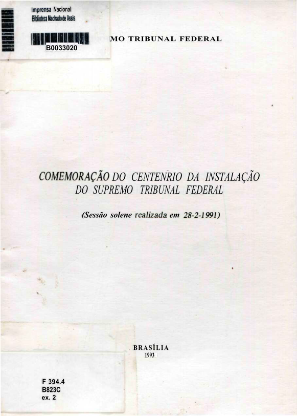 Capa do Livro Comemoração do Centenário da Instalação do Supremo Tribunal Federal