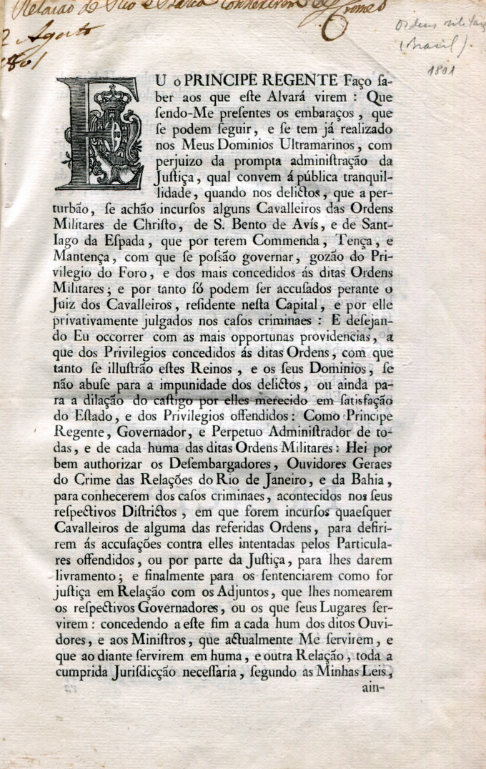 Capa do Livro Documento - Ordens Militares Alvará de 1801