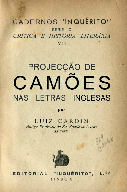 Capa do Livro Projecção de Camões Nas Letras Inglesas