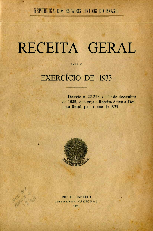 Capa do Livro Receita Geral Para o Exercício de 1933