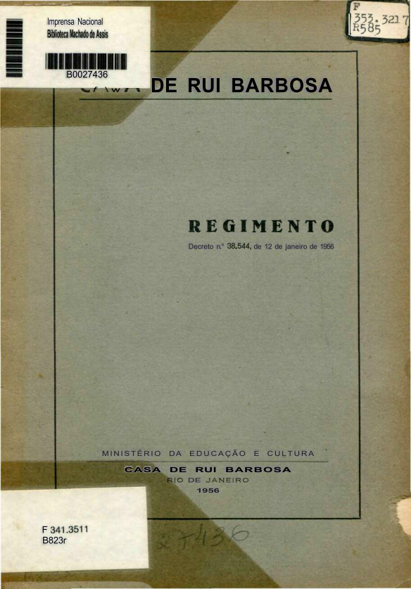 Capa do Livro Regimento da Casa de Rui Barbosa