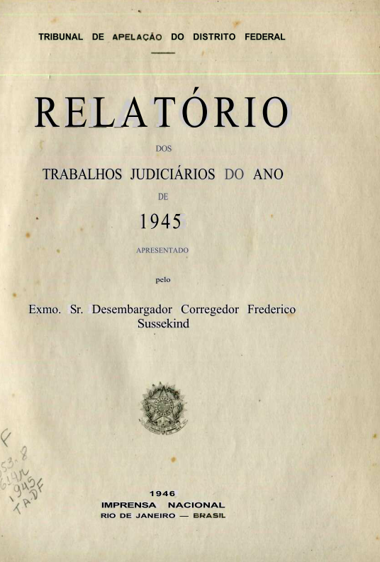 Capa do Livro Relatório dos Trabalhos Judiciários do Ano de 1945