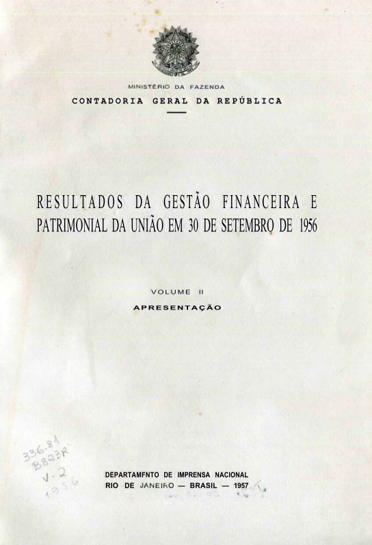 Capa do Livro Resultados da Gestão Financeira e Patrimonial da União em 30 de Setembro de 1956- Volume II