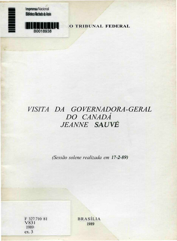 Capa do Livro Visita da Governadora-Geral do Canadá Jeanne Sauvé