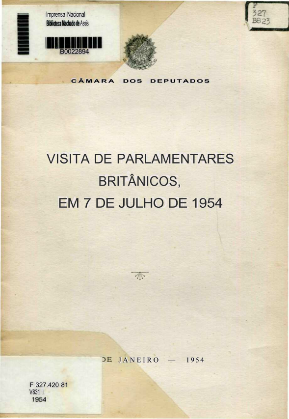 Capa do Livro Visita de Parlamentares Britânicos, Em 7 de Julho de 1954