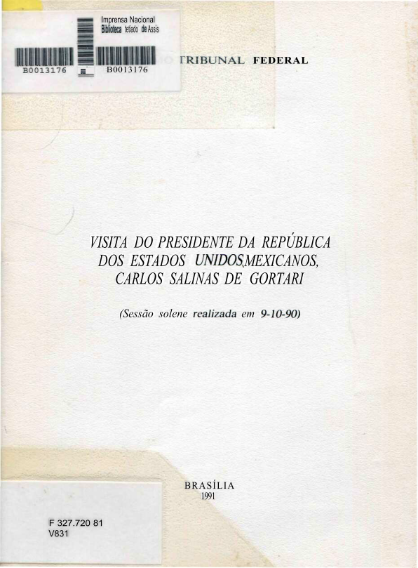 Capa do Livro Visita do Presidente da República dos Estados Unidos Mexicanos, Carlos Salinas de Gortari