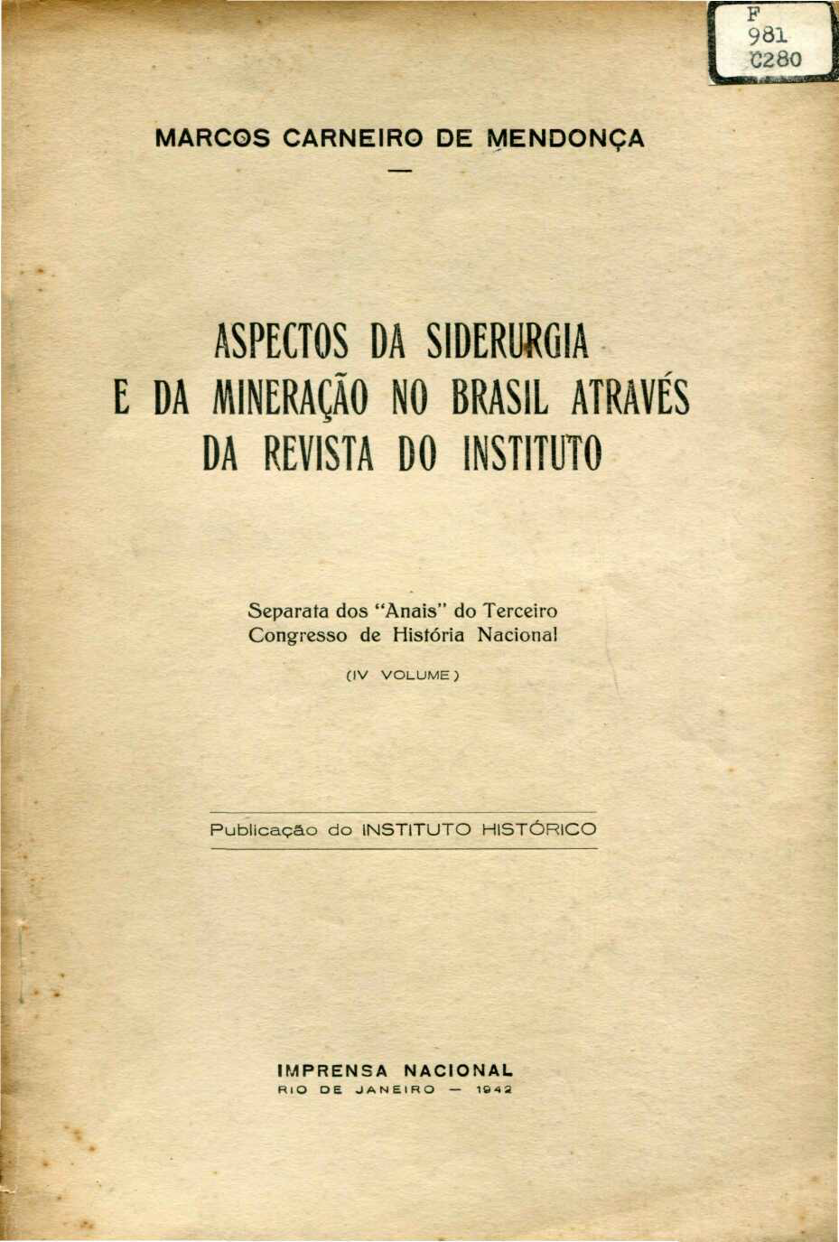 Capa do Livro Aspectos da Siderurgia e da Mineração no Brasil Através da Revista do Instituto