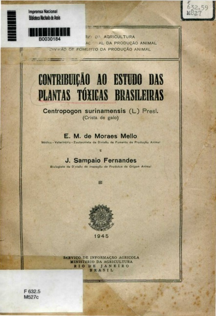 Capa do Livro Contribuição ao Estudo das Plantas Tóxicas Brasileiras Centropogon surinamensis (L) Presl. (Crista de galo)