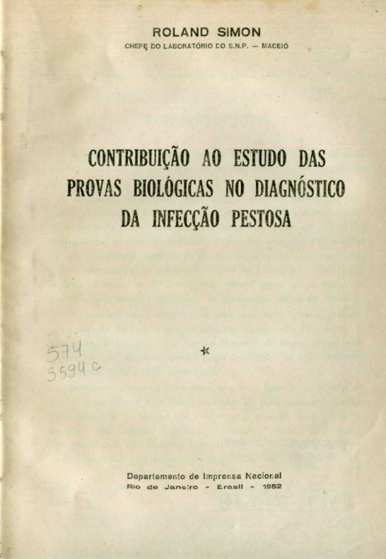 Capa do Livro Contribuição ao Estudo das Provas Biológicas no Diagnóstico da Infecção Pestosa