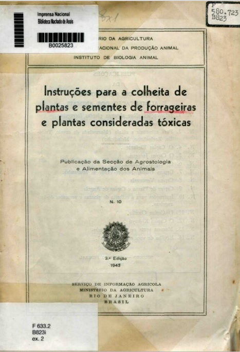 Capa do Livro Instruções para a colheita de plantas e sementes forrageiras e plantas consideradas tóxicas