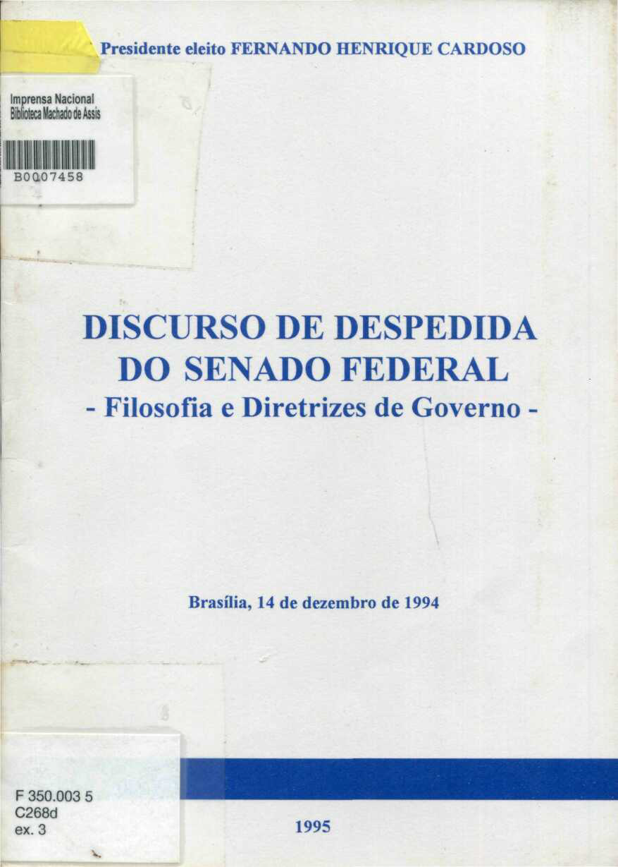 Capa do Livro Discurso de Despedida do Senado Federal - Filosofia e Diretrizes de Governo