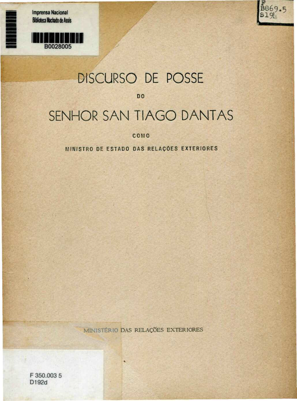 Capa do Livro Discurso de Posse do Senhor San Tiago Dantas Como Ministro de Estado das Relações Exteriores