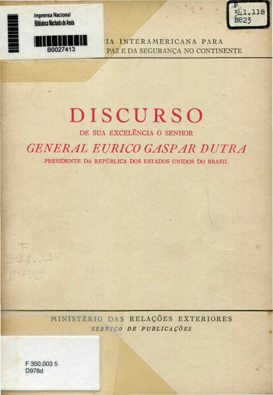 Capa do Livro Discurso de Sua Excelência o Senhor General Eurico Gaspar Dutra