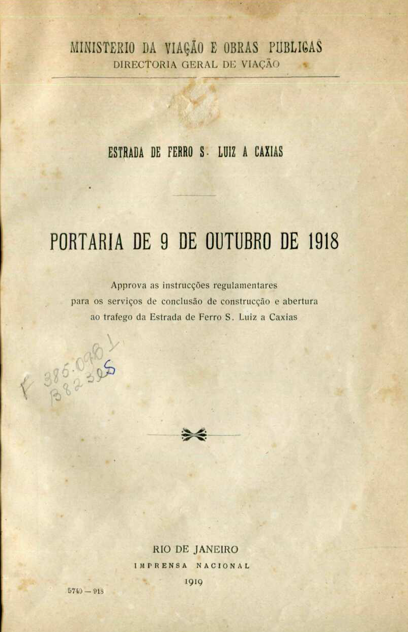 Capa do Livro Estrada de Ferro S. Luiz a Caxias (Portaria de 9 de outubro de 1918)