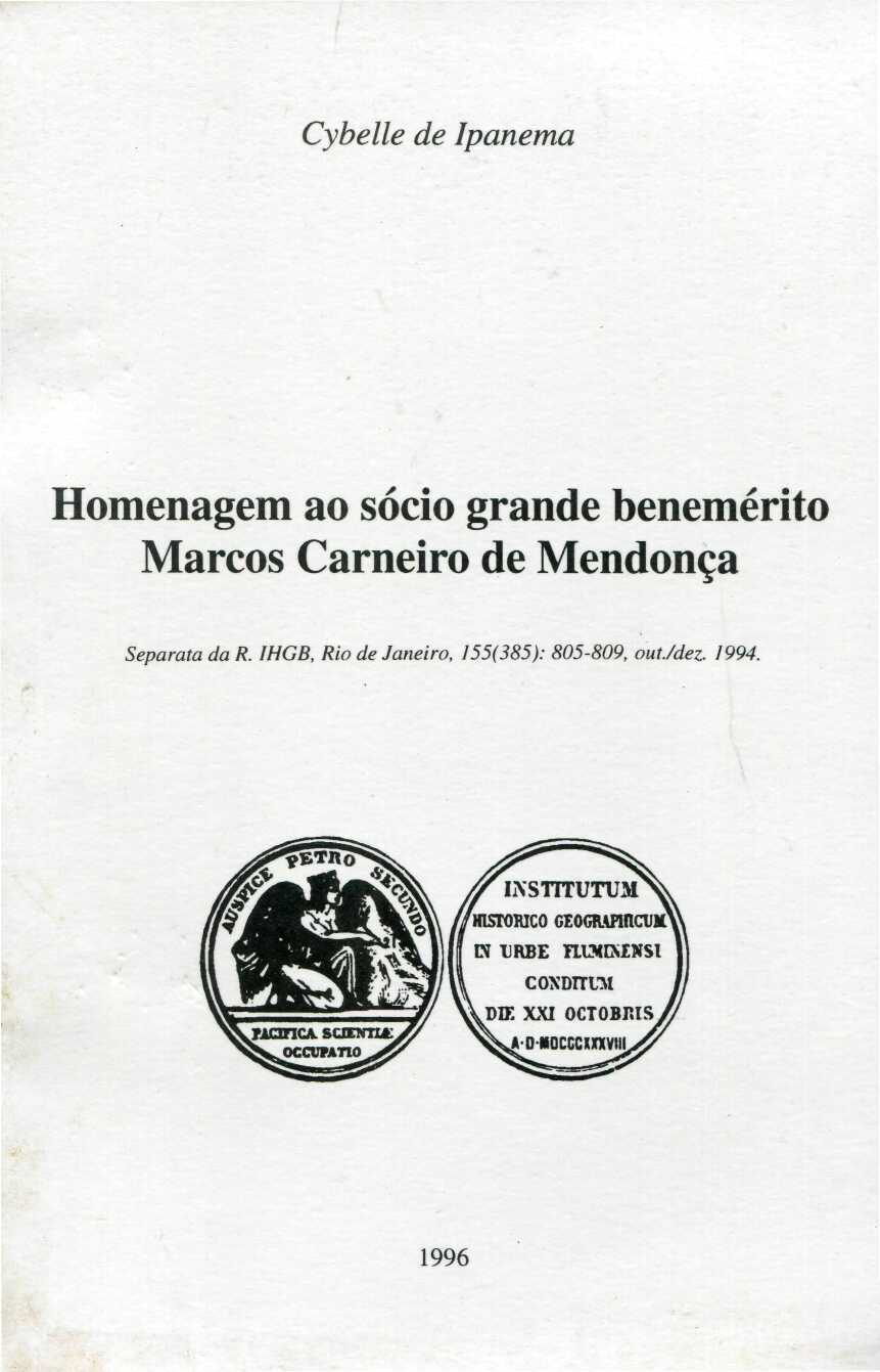 Capa do Livro Homenagem ao sócio grande benemérito Marcos Carneiro de Mendonça