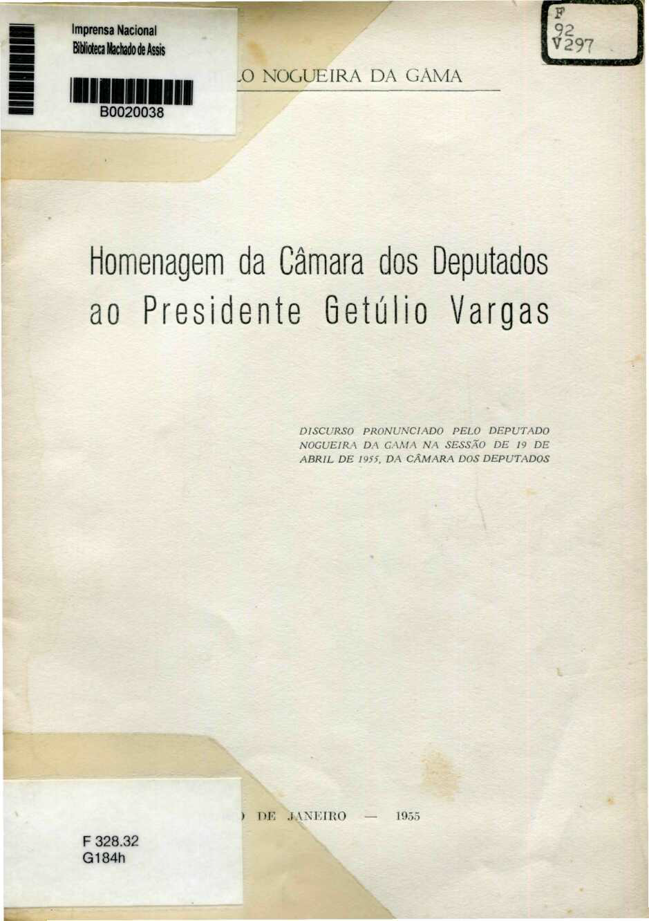 Capa do Livro Homenagem da Câmara dos Deputados ao Presidente Getúlio Vargas