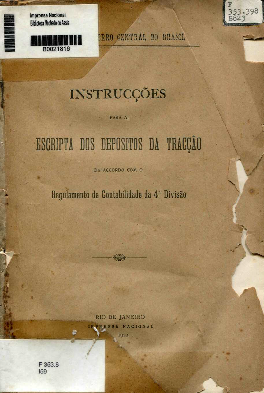 Capa do Livro Instrucções Para a Escripta dos Depositos da Tracção - Estrada de Ferro Central do Brasil