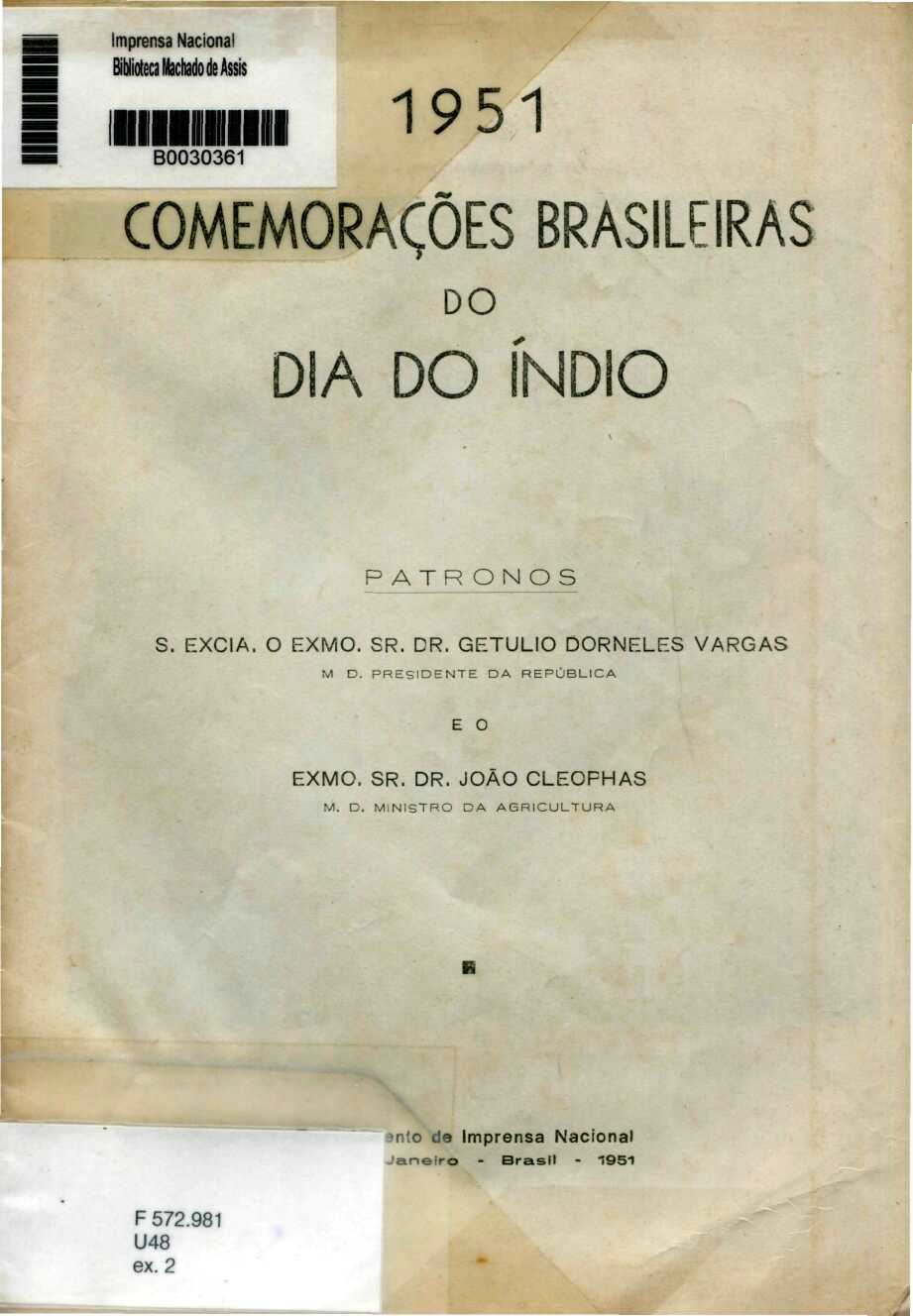 Capa do Livro 1951 Comemorações Brasileiras do Dia do Índio
