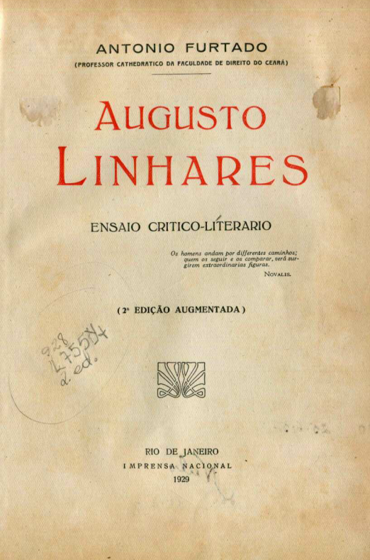 Capa do Livro Augusto Linhares - Ensaio Crítico - Literário
