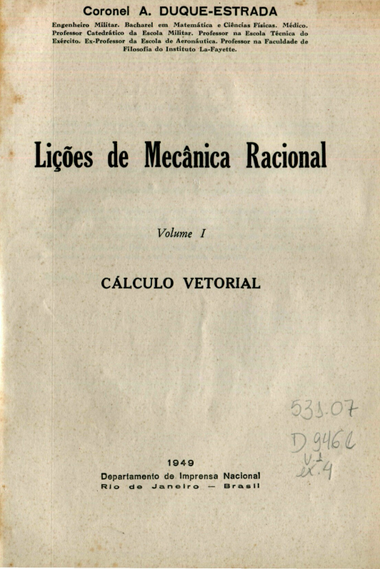 Capa do Livro Lições de Mecânica Racional - V. 1