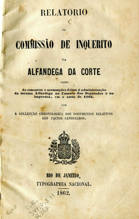 Capa do Livro Relatório da Commissão de Inquérito na Alfândega da Corte