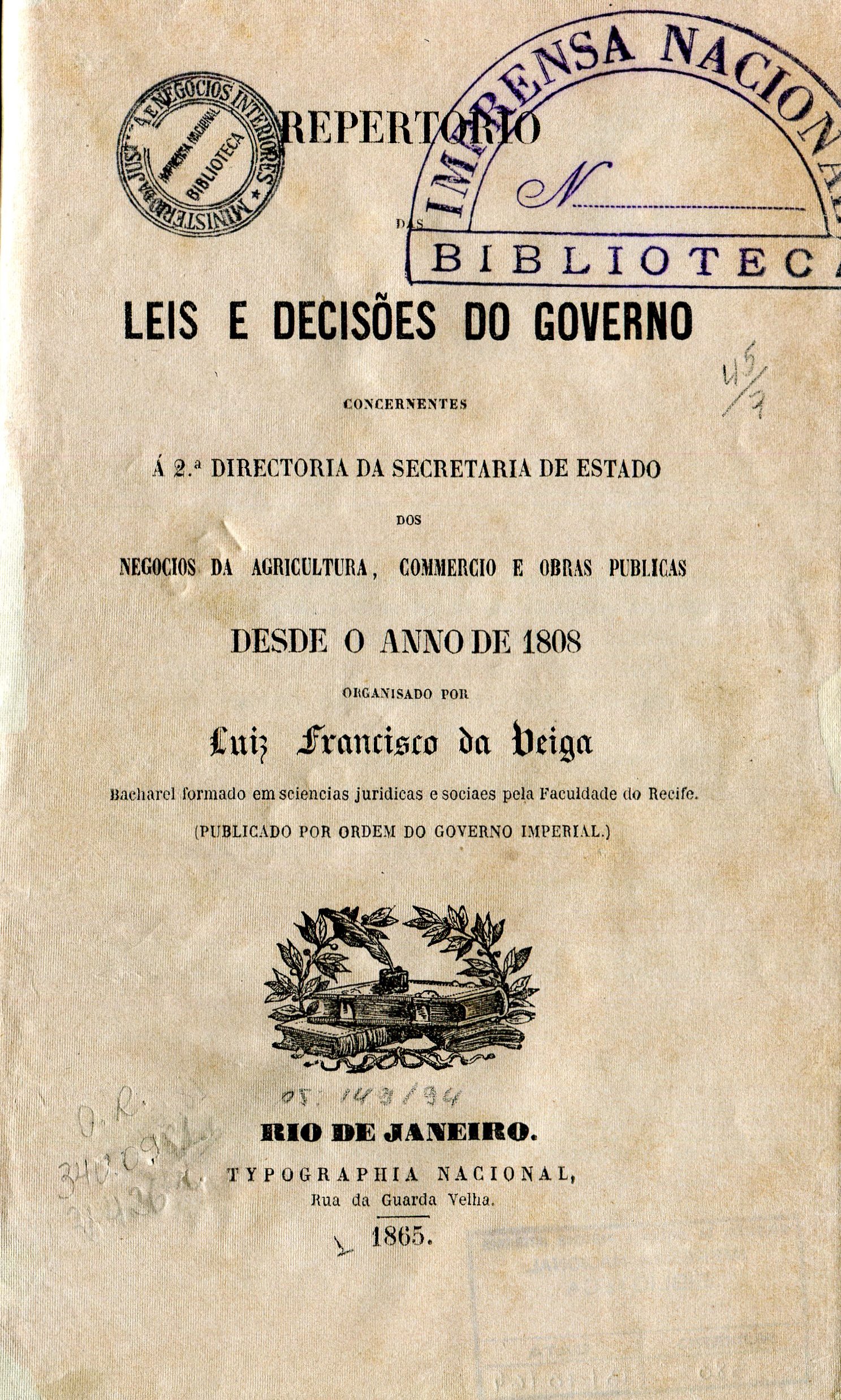 Capa do Livro Repertorio das Leis e Decisões do Governo - Negocios da Agricultura, Commercio e  Obras  Públicas