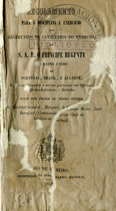 Capa do Livro Regulamento para a Disciplina e Exercício dos Regimentos de Cavallaria do Exército