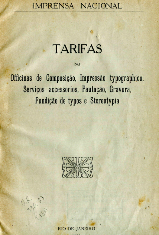 Capa do Livro Tarifas das Officinas Imprensa Nacional