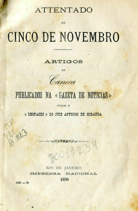 Capa do Livro Attentado de Cinco de Novembro - Artigos de Caneca