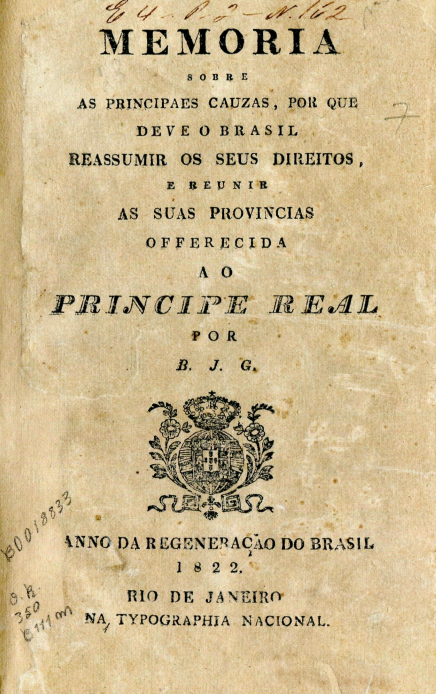 Capa do Livro Memória Sobre As Principais Cauzas, por que Deve o Brasil Reassumir Seus Direitos, e reunir as suas provincias