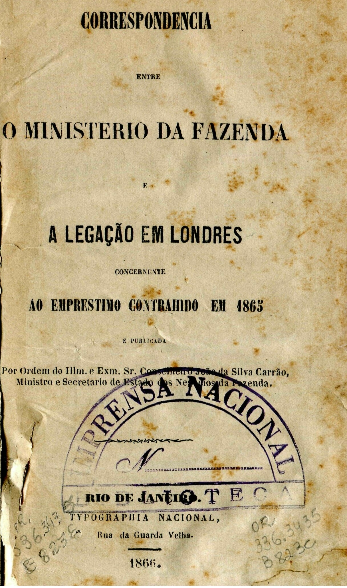 Capa do Livro Correspondência entre O Ministério da Fazenda e a Legação em Londres