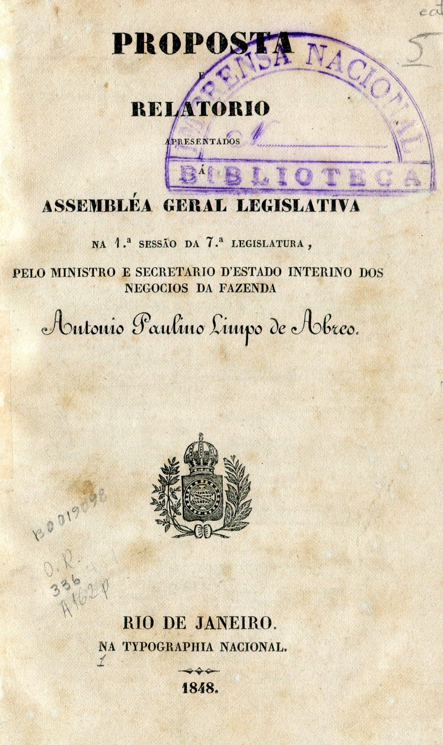 Capa do Livro Proposta e Relatorio apresentados à Assembléa Geral Legislativa