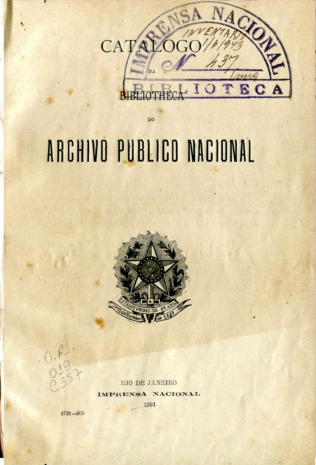 Capa do Livro Catalogo da bibliotheca do Archivo Publico Nacional
