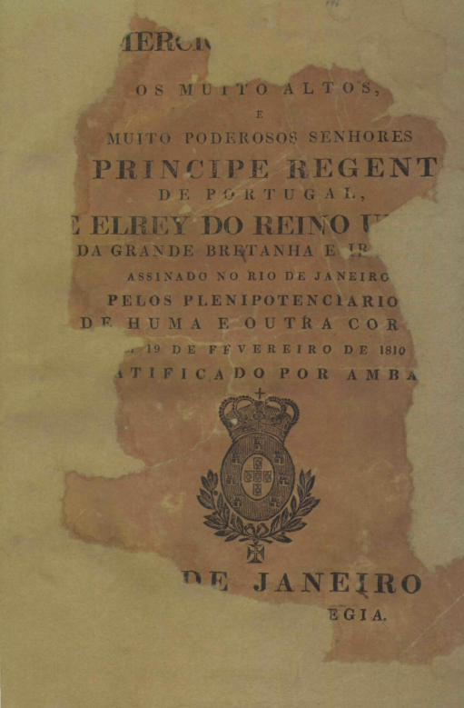 Capa do Livro Tratado de Amizade, e Aliança O Píncipe Regente de Portugal, e ElRey do Reino Unido da Grã Bretanha e Irlanda