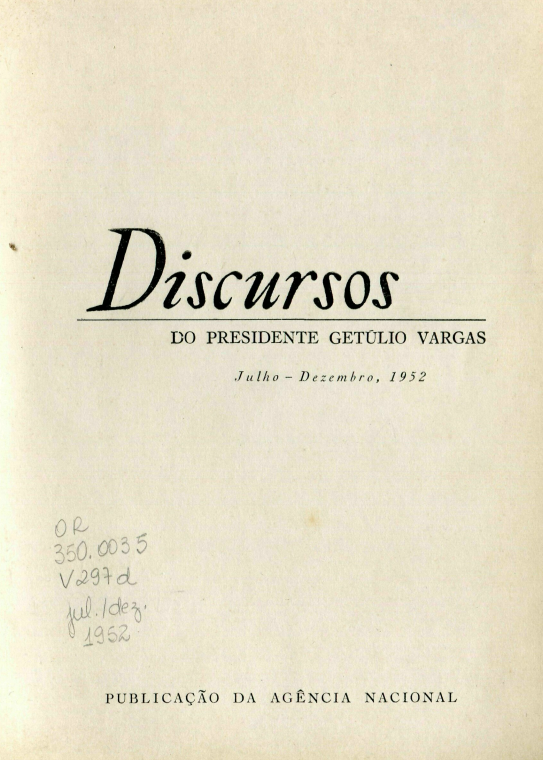 Capa do Livro Getúlio Vargas - Discursos julho a dezembro 1952