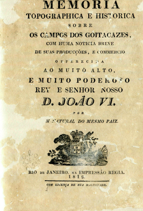 Capa do Livro Memória Topographica e Historica sobre Os Campos dos Goitacazes