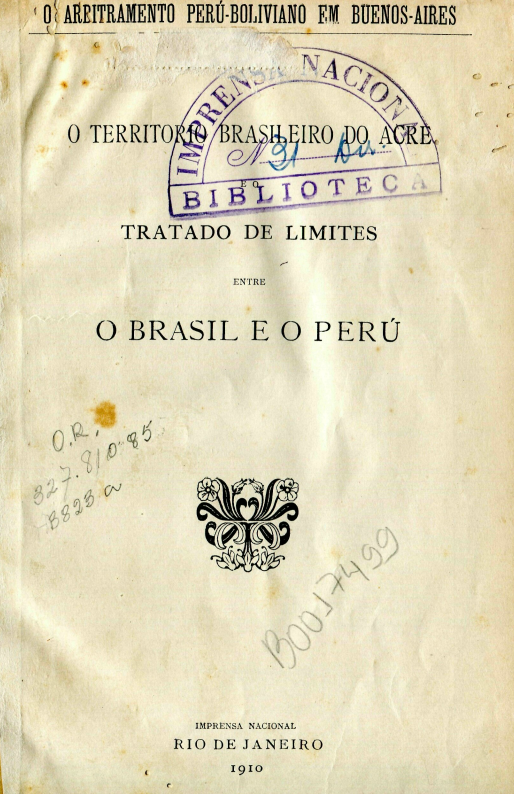 Capa do Livro O Território Brasileiro do Acre - Tratado de Limites entre o Brasil e o Perú