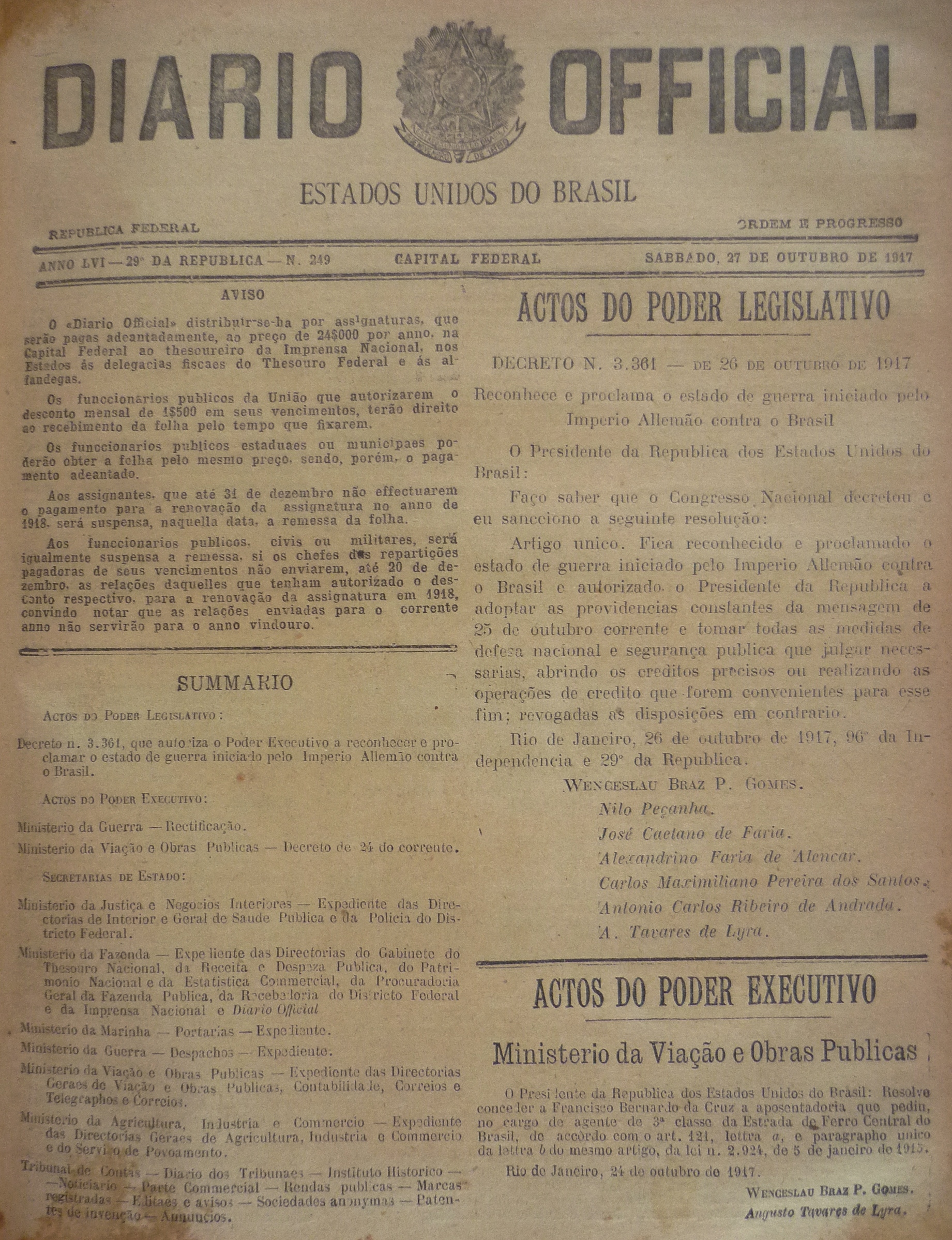 1ª Guerra Mundial – Reconhecimento e Proclamação do Estado de Guerra do Império Allemão contra o Brasil.