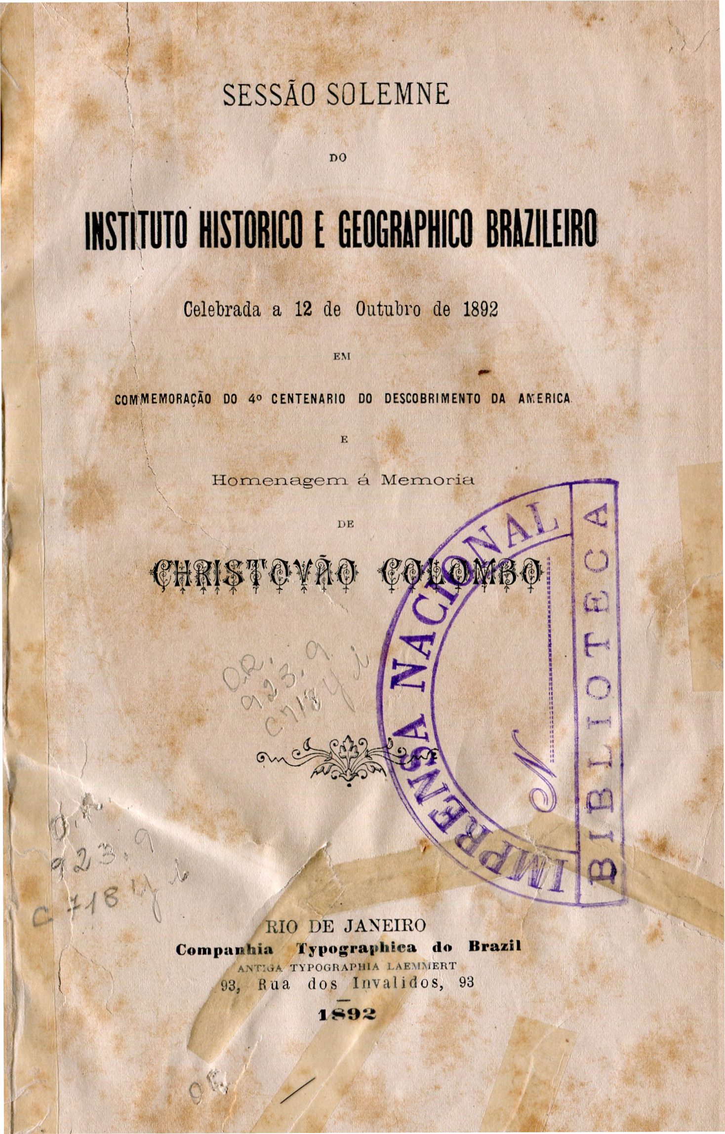 Capa do Livro Sessão Solemne IHGB em Homenagem Cristovão Colombo