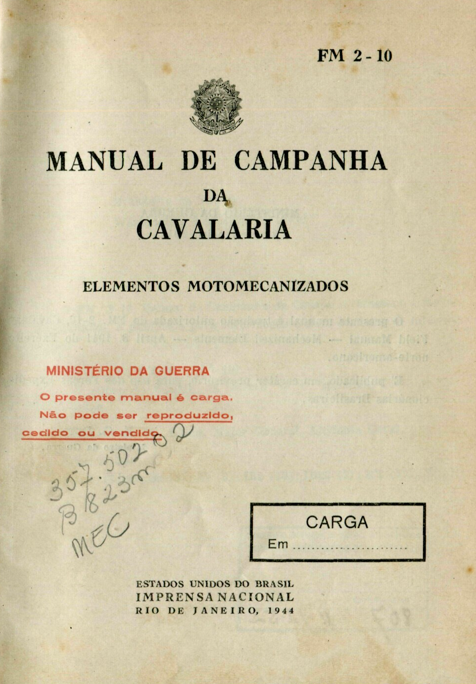 Capa do Livro Manual de Campanha da Cavalaria (Elementos Motomecanizados)