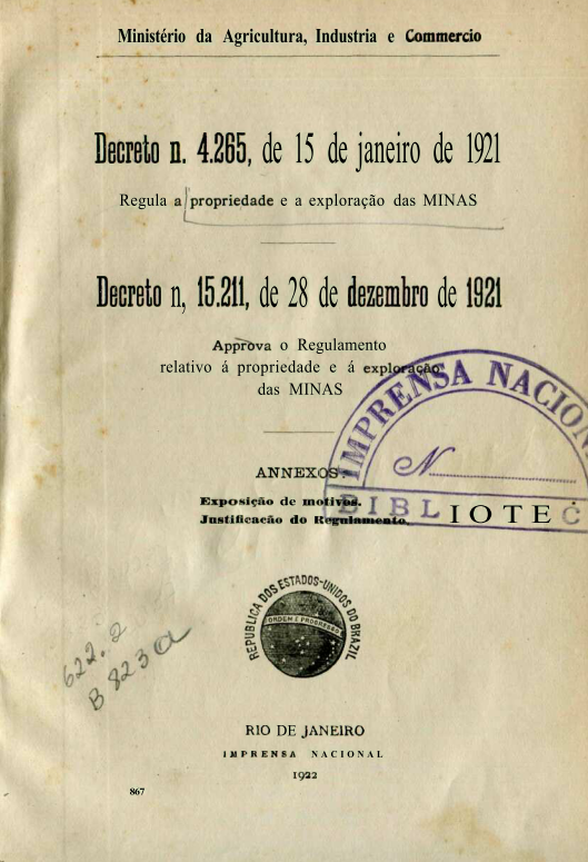 Capa do Livro Regula a Propriedade e a Exploração das Minas