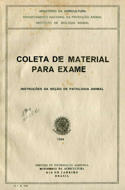 Capa do Livro Coleta de Material para Exame - Instruções da Secçao de Patologia Animal