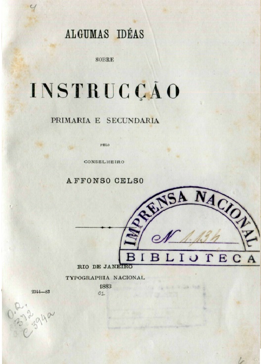 Capa do Livro Algumas Ideas Sobre Instrucção Primária e Secundária